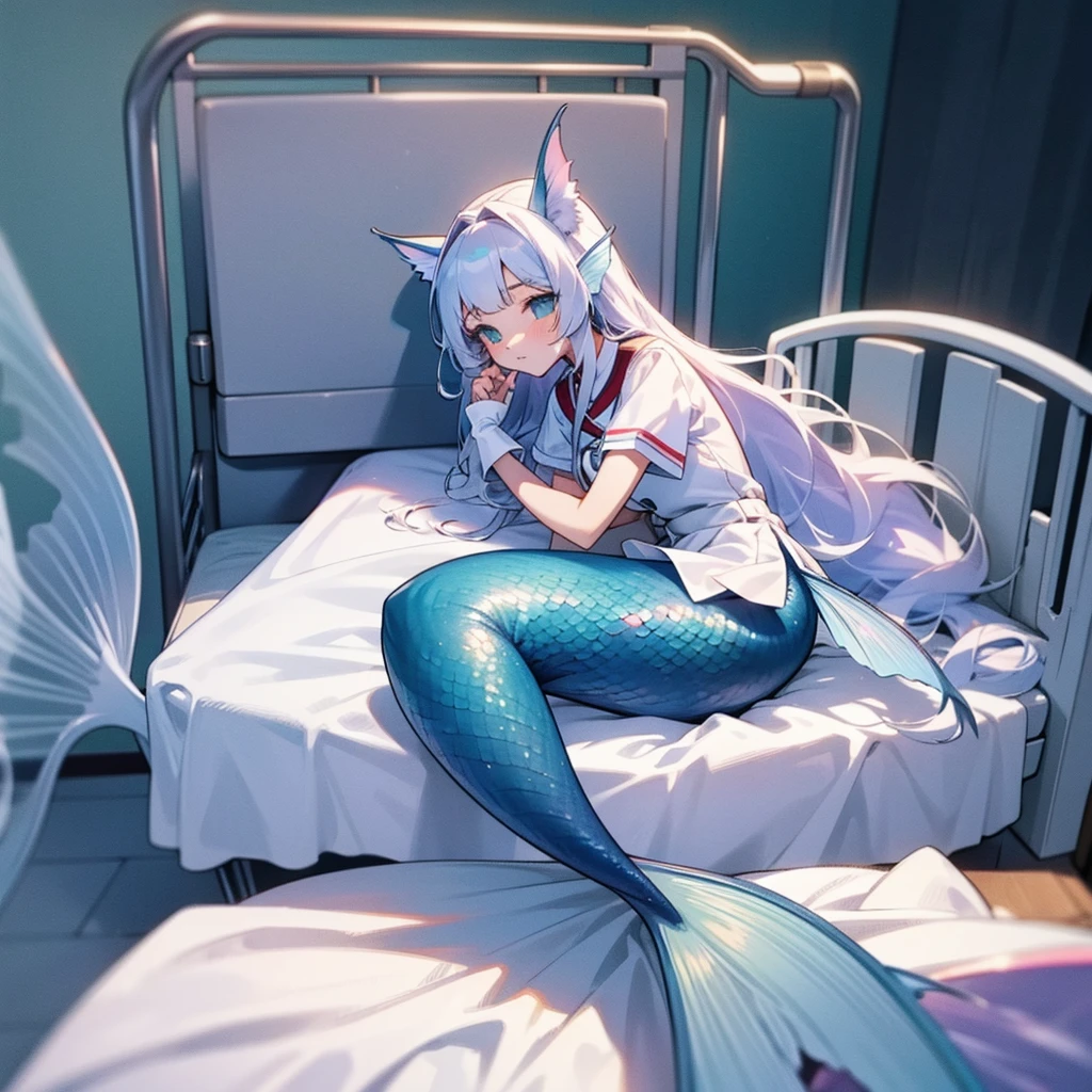 Long hair white,mermaid,white tail,hancuff in a bed,hospital