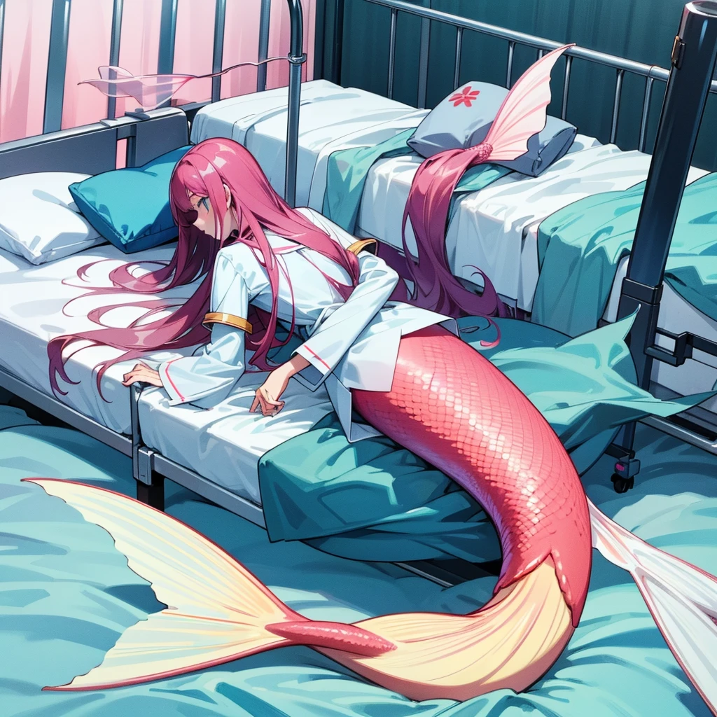 Long hair white,mermaid,white tail,hancuff in a bed,hospital