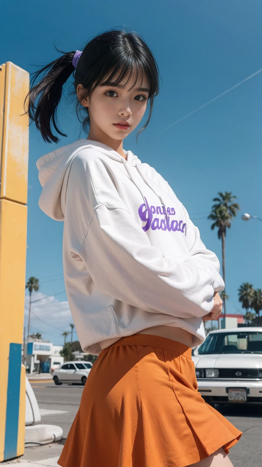 (medium long shot portrait) of cute 23 yo girl ,wear ((orange color oversized_hoodie)), wear ((purple tennis skirt)),looking front,Best Quality,Masterpiece,Ultra High Resolution,(Realisticity:1.4),Original Photo, 1Girl, light leak,ultra high resolution,UHD,beautiful, (black straight hair), almond eye, no makeup, in front of ((80's los angles colorful gas station)), (realistic:1.2), (surreal:1.3), (very detailed:1.1), ((masterpiece)),summer, blue sky, palm trees,sunny, los angles vibes,film camera, 800mm lens,style of Philip Lorca diCorcia