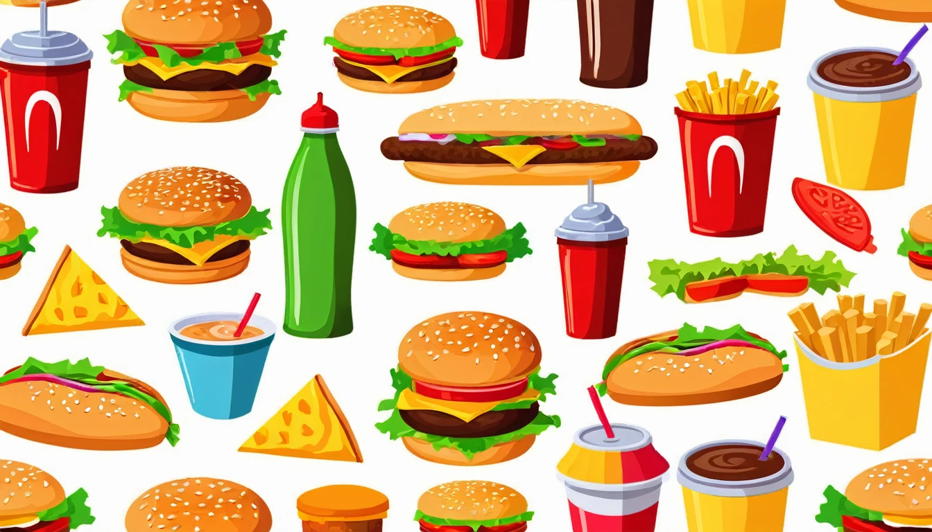 Colorful Fast food vector isolated on white background. Fast food hamburger dinner and restaurant, tasty set fast food many meal and unhealthy fast food classic nutrition in flat style.