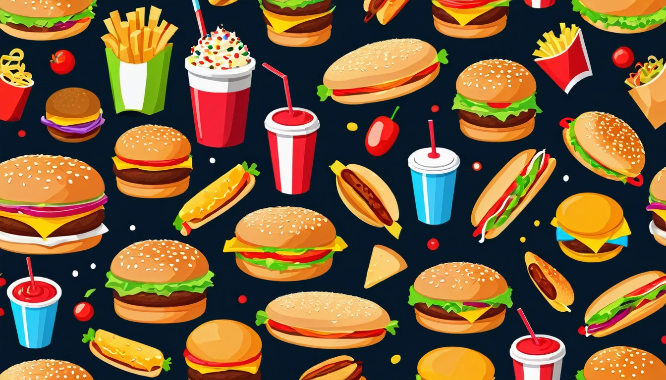 Colorful Fast food vector isolated on white background. Fast food hamburger dinner and restaurant, tasty set fast food many meal and unhealthy fast food classic nutrition in flat style.