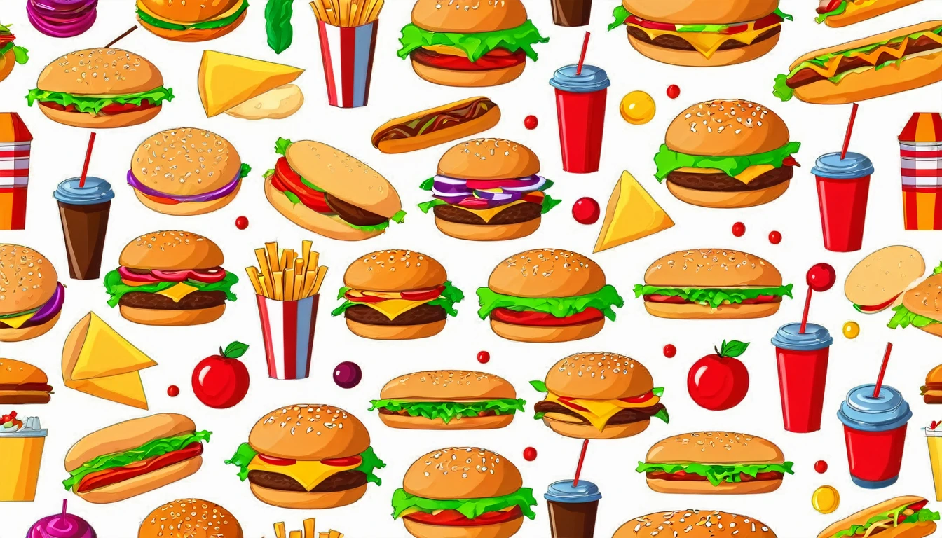 Colorful Fast food vector isolated on white background. Fast food hamburger dinner and restaurant, tasty set fast food many meal and unhealthy fast food classic nutrition in flat style.