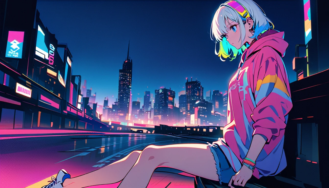 HD 8k Handsome sexy cute, Solitary, 1 female, Medium Length Hair, white hair, Rainbow hair, blue Eyes, looking away, Rainbow headphone, hoodie, colored hoodie, denim shorts, sneakers, Human focus, outdoor, blue night sky, background is 1980's Japanese NEON Tokyo, vibrant, cityscape, night