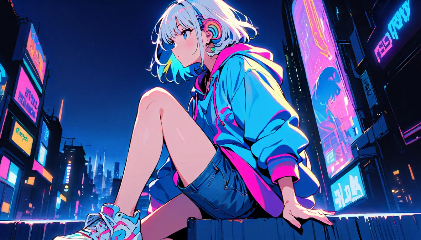 HD 8k Handsome sexy cute, Solitary, 1 female, Medium Length Hair, white hair, Rainbow hair, blue Eyes, looking away, Rainbow headphone, hoodie, colored hoodie, denim shorts, sneakers, Human focus, outdoor, blue night sky, background is 1980's Japanese NEON Tokyo, vibrant, cityscape, night