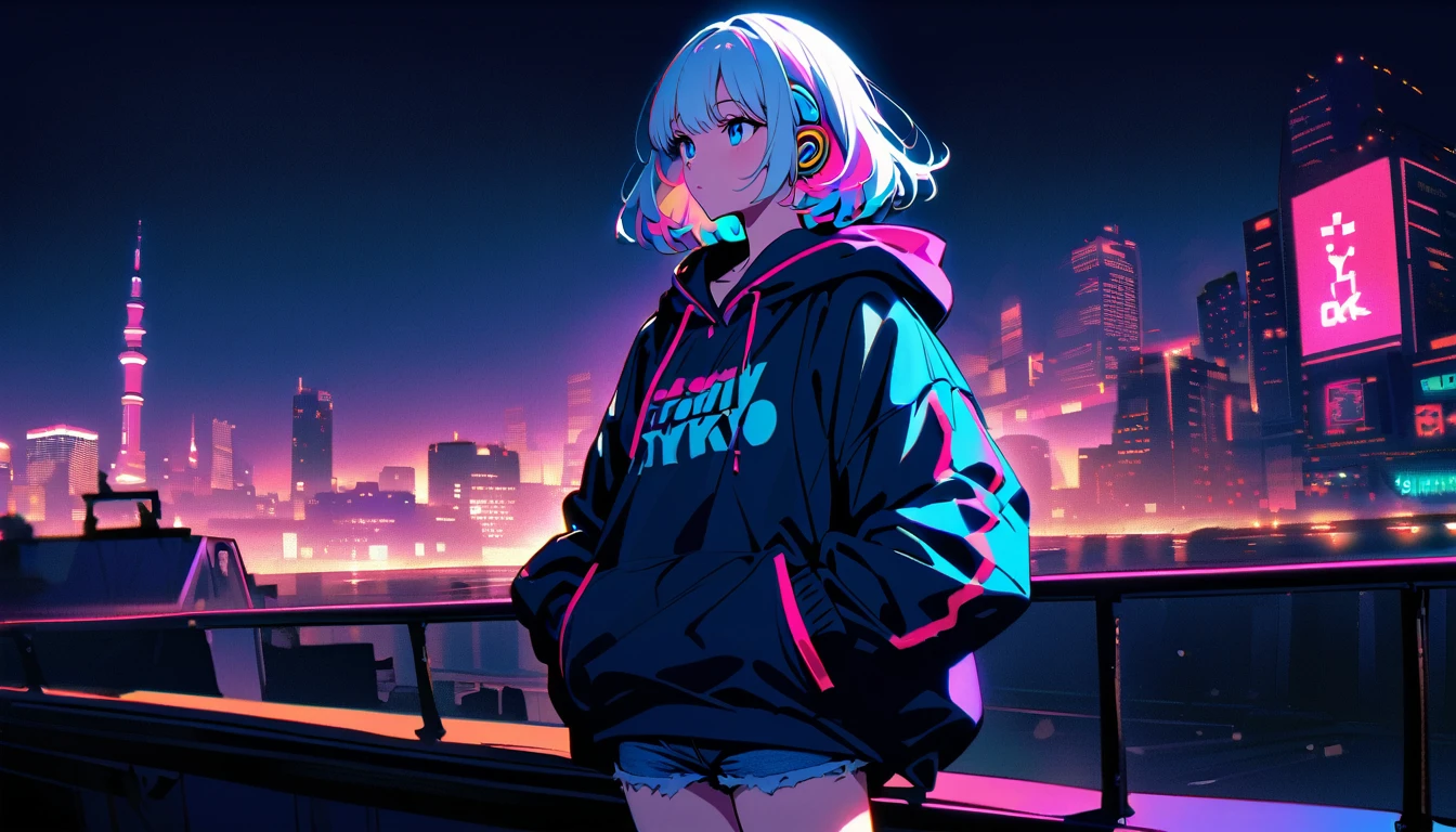 HD 8k Handsome sexy cute, Solitary, 1 female, Medium Length Hair, white hair, Rainbow hair, blue Eyes, looking away, Rainbow headphone, hoodie, colored hoodie, denim shorts, sneakers, Human focus, outdoor, blue night sky, background is 1980's Japanese NEON Tokyo, vibrant, cityscape, night
