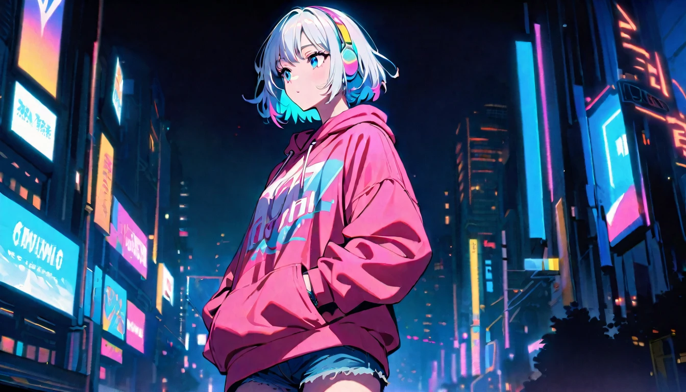 HD 8k Handsome sexy cute, Solitary, 1 female, Medium Length Hair, white hair, Rainbow hair, blue Eyes, looking away, Rainbow headphone, hoodie, colored hoodie, denim shorts, sneakers, Human focus, outdoor, blue night sky, background is 1980's Japanese NEON Tokyo, vibrant, cityscape, night