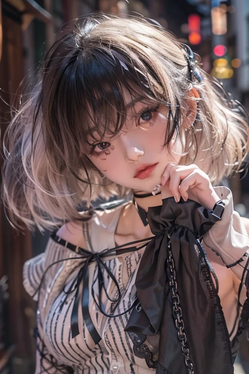 ((whole body))、((One Girl))、(20th Generation)、((Very Short Hair))、((Straight Bangs))、((Black-haired))、(Take in the view)、Gothic ta、((Black maid outfit))、(Eyepatch on left eye)、(Photorealistic:1.2)、In 8K、(High Quality Shadows)、Beautiful and delicate face、Beautiful and delicate eyes、Cute K-pop Idol、(The Face of Ulzan in Korea)、(Urzan-6500-v1.1:0.6)、Glow Eyes、Perfect body、Natural color reproduction、((Strong light))、Bright red lipstick、(choker)、((Brown eyes))、Shiny Hair、The description of Beautiful and delicate hair、(Shiny skin)、(night)、Japanese、(dark alley between buildings)、Street lamp、Shoulder Bare、Small red rose tattoo on the décolletage、Just one tattoo