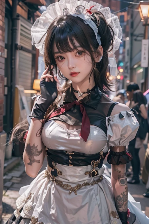 ((whole body))、((One Girl))、(20th Generation)、((Very Short Hair))、((Straight Bangs))、((Black-haired))、(Take in the view)、Gothic Lolita、((Black maid outfit))、(Eyepatch on left eye)、(Photorealistic:1.2)、In 8K、(High Quality Shadows)、Beautiful and delicate face、Beautiful and delicate eyes、Cute K-pop Idol、(The Face of Ulzan in Korea)、(Urzan-6500-v1.1:0.6)、Glow Eyes、Perfect body、Natural color reproduction、((Strong light))、Bright red lipstick、(choker)、((Brown eyes))、Shiny Hair、The description of Beautiful and delicate hair、(Shiny skin)、(night)、Japanese、(dark alley between buildings)、Street lamp、Shoulder Bare、Small red rose tattoo on the décolletage、Just one tattoo