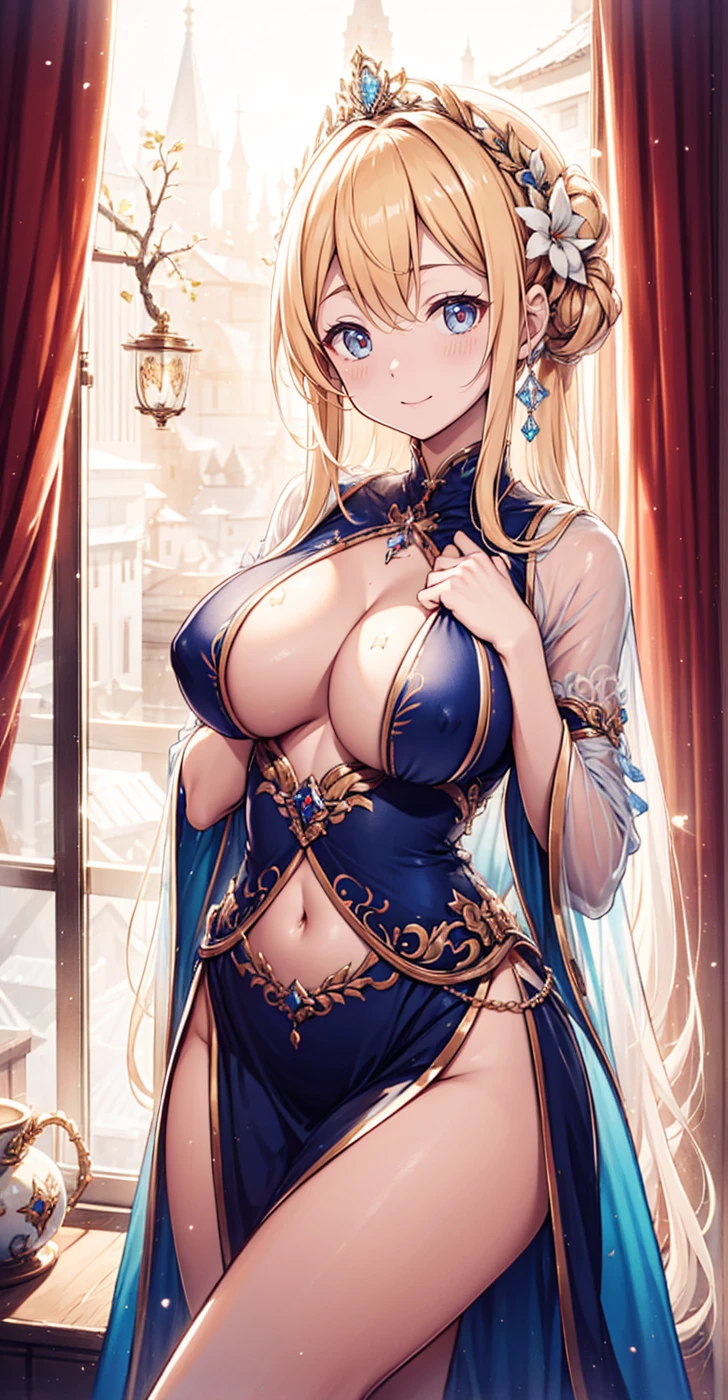 {{{{Masterpiece}}}}, {{{Excellent details}}}, {{{high definition}}}, {{good anatomy}}, (((best quality))), ((Very delicate and beautiful)), {{Very detailed and neat...}}, {วอลล์เปเปอร์ 8k cgi}, {{Enlightenment}}, (holy god set:1.2),Blonde,blue eyes,ruffle,clear lace,beautiful accessories,exquisite pattern,Decorated very beautifully.,legendary crown,See through transparent clothes,There are a small amount of dark blue-white stripes...,Beautiful and delicate face,Bedroom scenes in western legends,at night,light,at night,There is only one person...,(Flow skirt:1.1),Attractive posture,(((Breast curtain))) And loincloths...,rift, visible chest