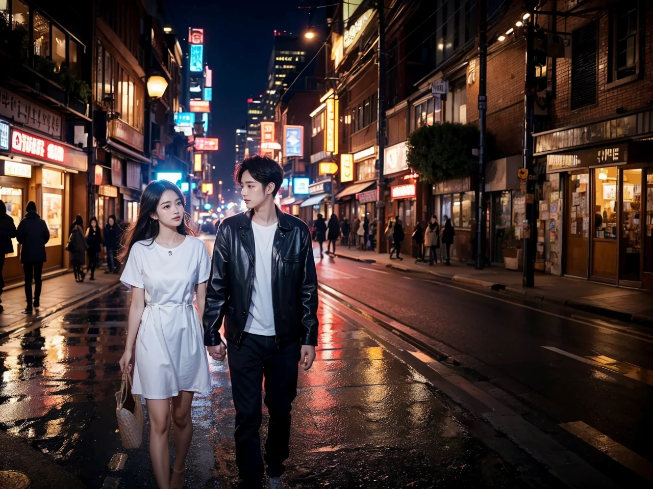 A striking, ultra-detailed image of a young Korean couple strolling hand-in-hand on a bustling night street. The man is dressed in a cozy flannel shirt,
while the woman is clad in a stylish, form-fitting dress. The city lights and traffic signals illuminate their surroundings, casting a warm, inviting glow. The couple's expressions convey a deep connection and passion, as they share a tender moment in the vibrant urban setting.