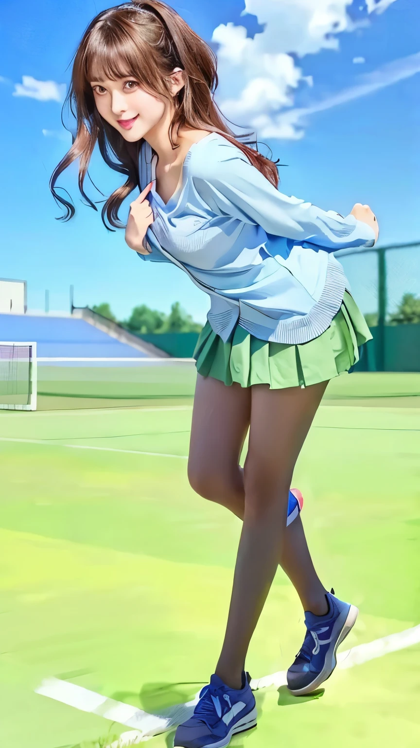 Realistic Face、high resolution、Live-action adaptation、A woman in a blue shirt and green skirt is standing on a tennis court。, I also make fan art, Beautiful anime school girl, Anime Moe Art Style, Cute girl anime visuals, Hyuuga Hinata, (Anime Girls), Anime full body illustration, Nagatoro, Female Anime Characters, !!Full body portrait!!, Famous Makinami