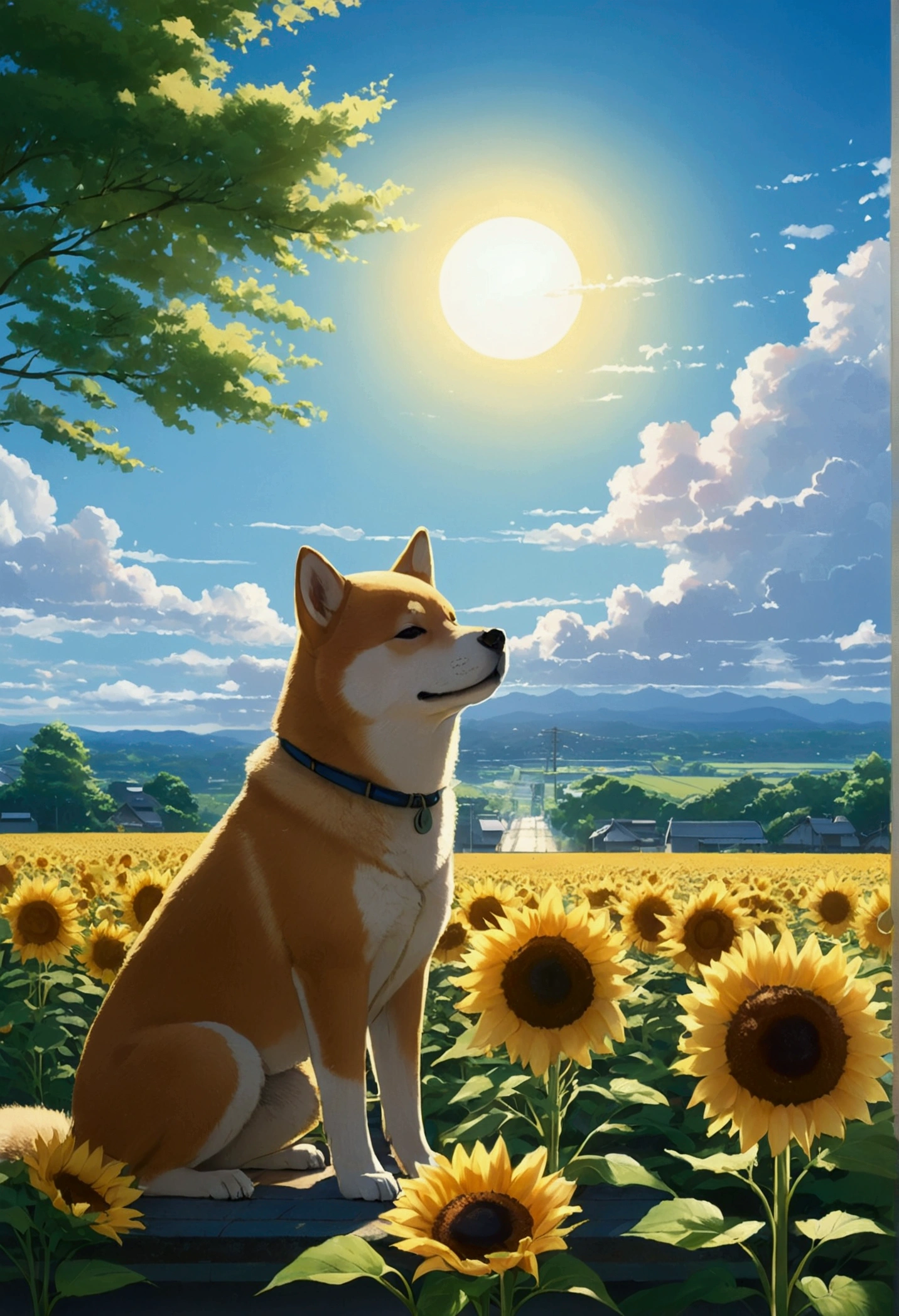 Makoto Shinkai Taste, Beautiful sky, Summer in Japan,Shiba Inu Puppy, ,Romantic Landscape, Healing scenes,hope, Summer Morning,sunflower, Makoto Shinkai Taste,Detailed Description,