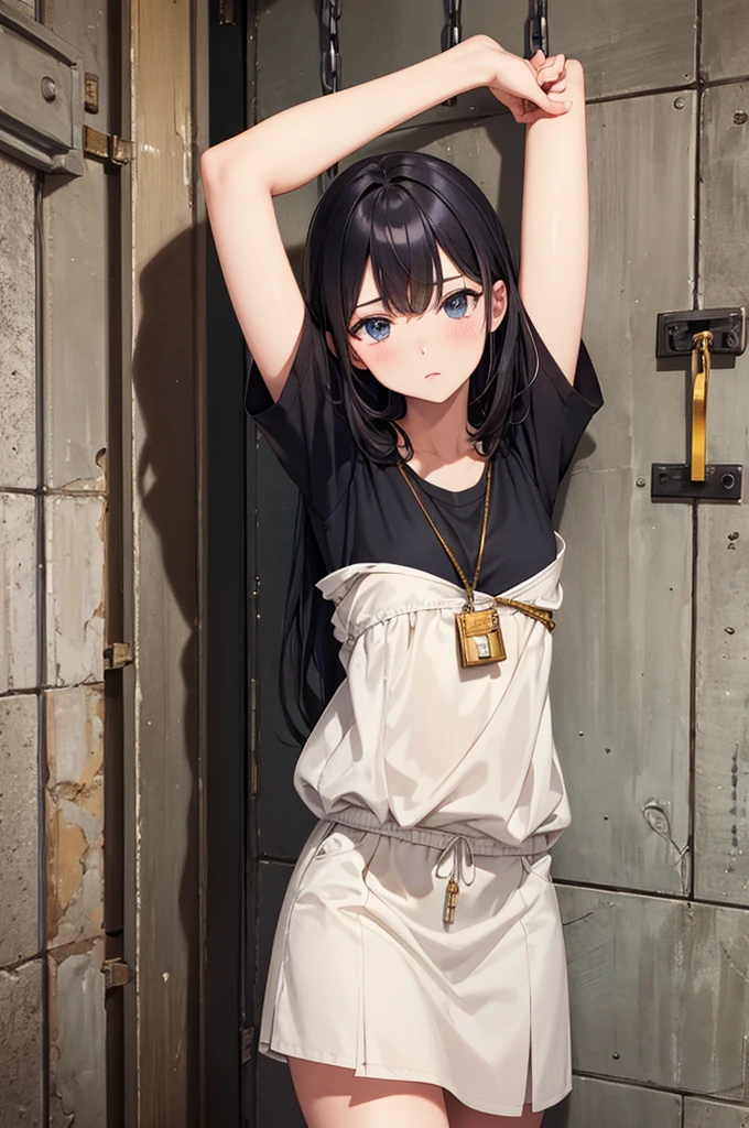 (masterpiece:1.1), (Highest quality:1.1), One girl, Lock, Against the wall, prison,