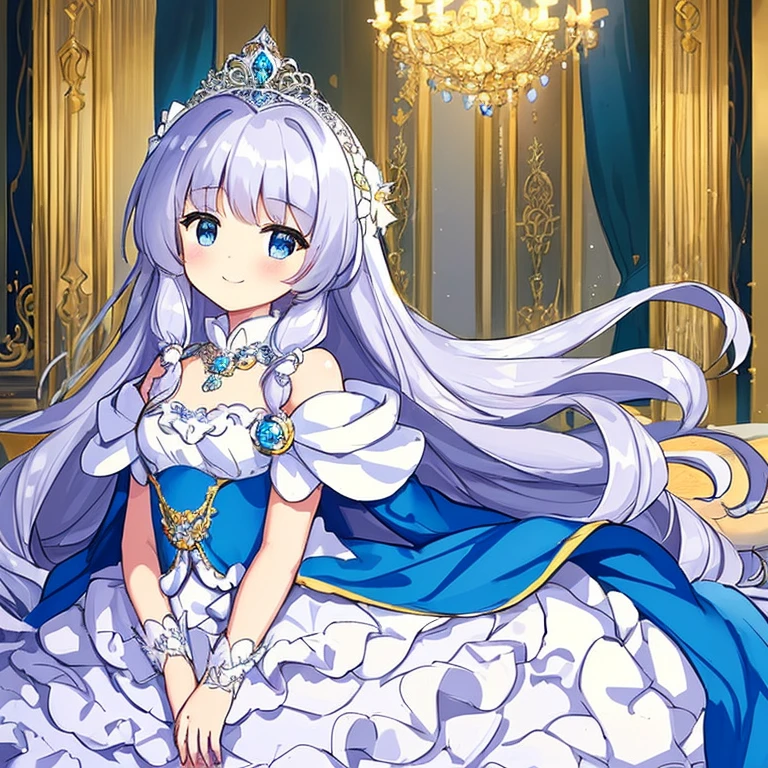 looking at viewer, upper body,(masterpiece),(best quality),(rococo style),(long train blue cape:1.15), very long cape,(long train white ball gown with flower decorations:1.1), a girl is wearing a cape over her gown, 1 little princess, tiara, smile, very long hair, small breasts
