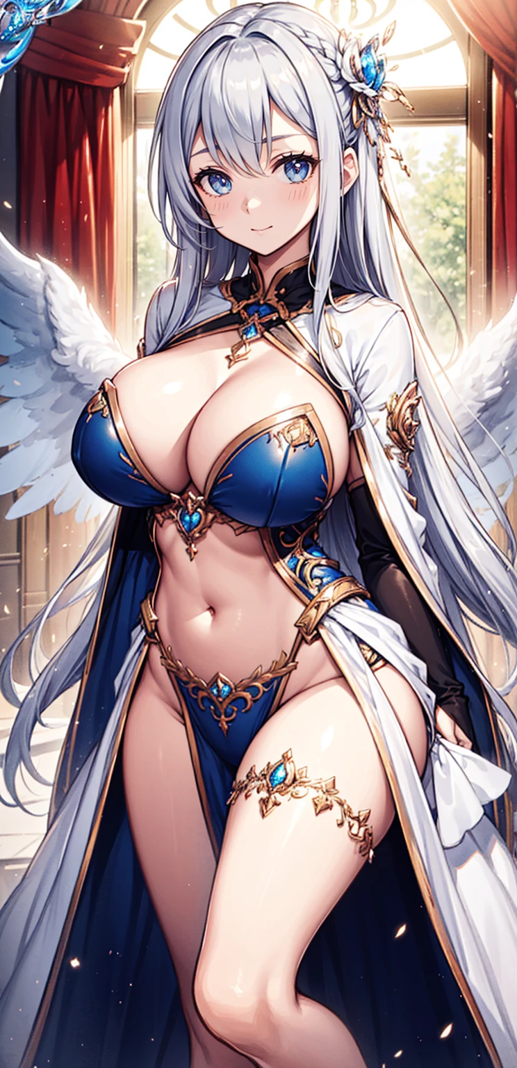 saint，Enchanted，Have fun，in love，(white dress)，silver hair，E Blue Eyes，Decoration of saint，elaborate costume，bedroom，Solo person，nighttime，transparent clothing,big breasts,Show your breasts,The cracks are clear....,((big tits))，(pubic bone), rift, visible chest,seductive pose