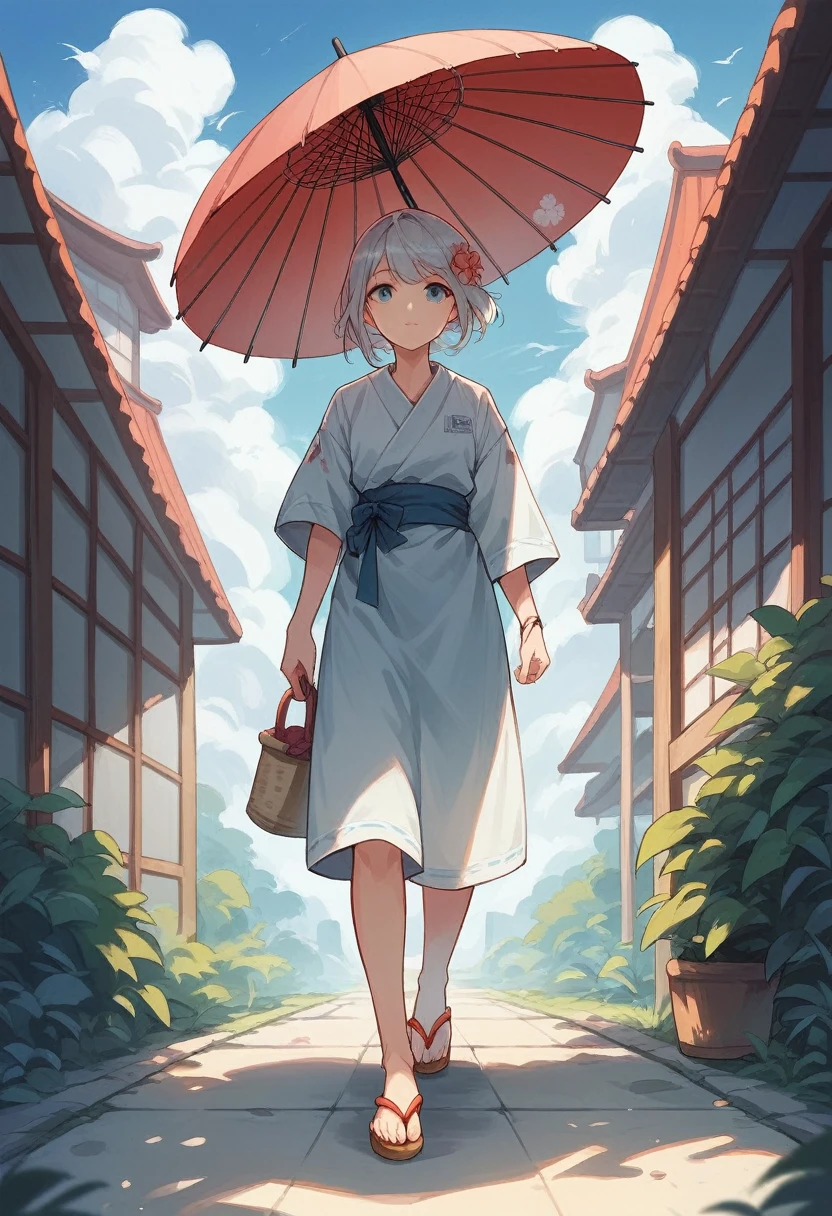 shot from the bottom, a beautiful japanese girl, wearing summer outfit and sandals, holding an umbrella walking down with clear blue sky and white clouds as the background on a summer day