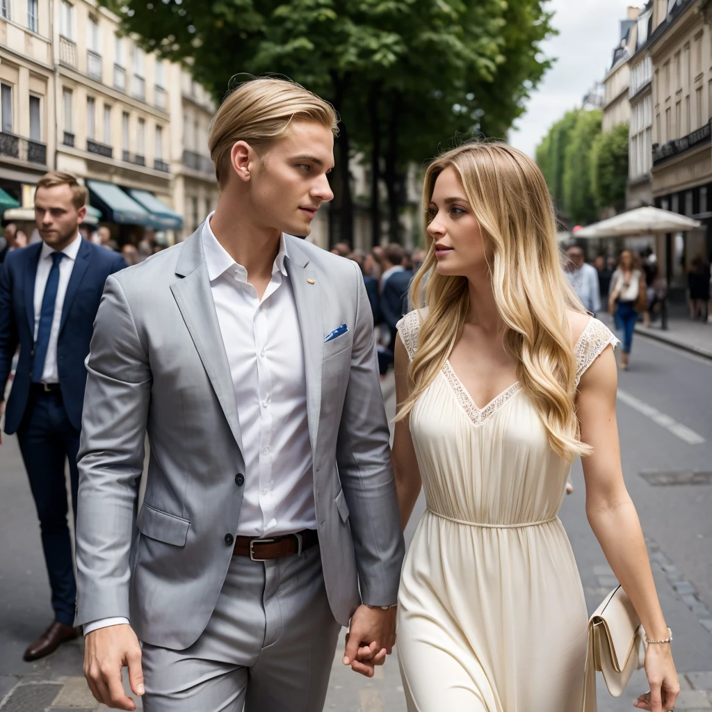 ((best quality)), ((masterpiece)), (detailed), ((couple)) 1woman, very long blonde hair, wearing summer dress, at champs-èlysées, Paris, France, with 1man, tall, muscular, dark short hair, wearing summer suit