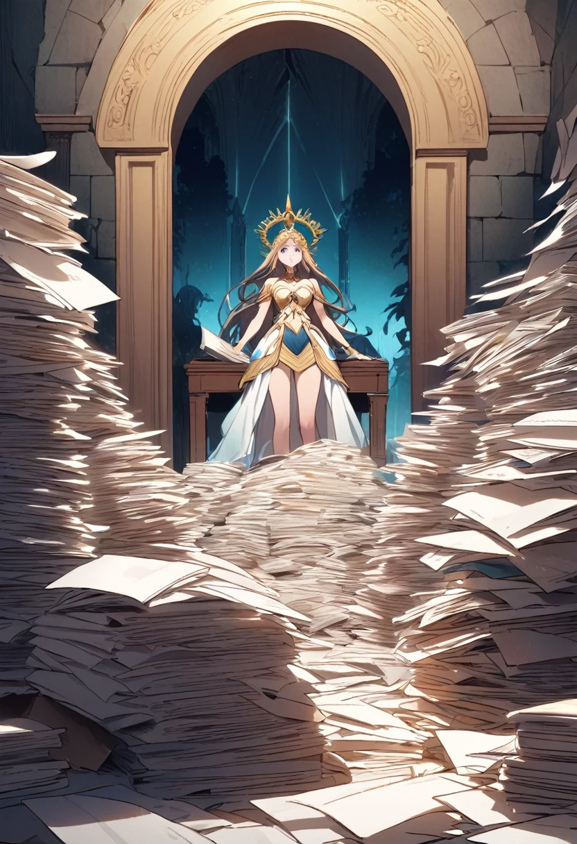 Goddess, confused,, the desk has a large pile of documents, the gate to another world,