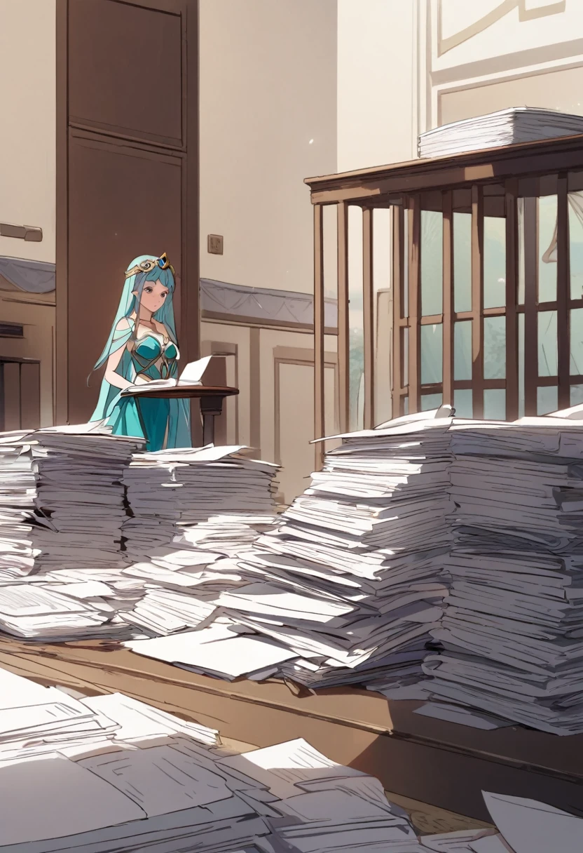 Goddess, confused,, the desk has a large pile of documents, the gate to another world,