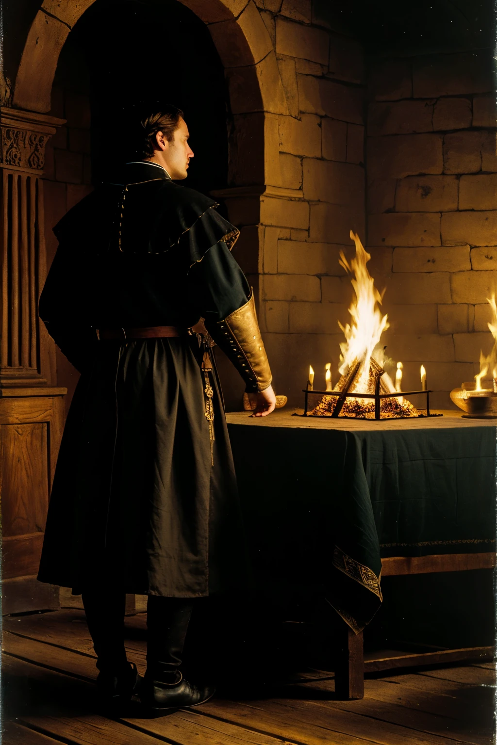 ((Best Quality)), ((Masterpiece)), (detailed) ,(Renaissance style), man turning his back, in medieval clothing, in a dark, lonely room staring at a campfire in the corner, with a heart on fire in his left hand