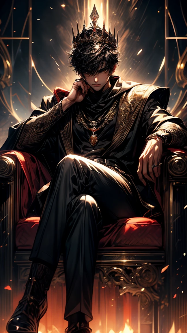 Masterpiece, best quality, high resolution, highly detailed, male, 1 man ( early twenties ), Good looking face, brown mixed with Black short hair ( black and brown hair ), pay attention to the hair full of a mixture of black and brown ( black hair with several brown strands), orange colored eyes ( glowing eyes ), serious expression ( cold look ), pale white skin, wearing a grey hoodie, and brown pants, black watch, very muscular physique, surrounded by the splendors of the earth, wearing a crown made of blood and sitting on a red throne, pay attention to stunning details, and achieve a resolution of 128k, floating in a dynamic pose, high quality, with a majestic aura of authority.