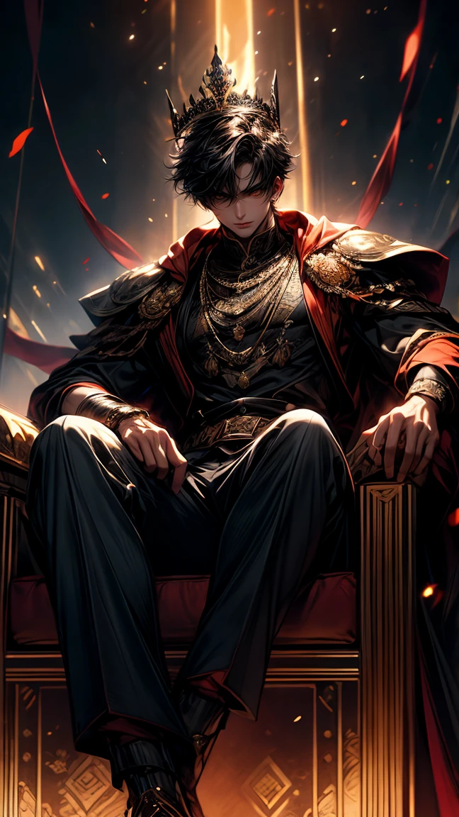 Masterpiece, best quality, high resolution, highly detailed, male, 1 man ( early twenties ), Good looking face, brown mixed with Black short hair ( black and brown hair ), pay attention to the hair full of a mixture of black and brown ( black hair with several brown strands), orange colored eyes ( glowing eyes ), serious expression ( cold look ), pale white skin, wearing a grey hoodie, and brown pants, black watch, very muscular physique, surrounded by the splendors of the earth, wearing a crown made of blood and sitting on a red throne, pay attention to stunning details, and achieve a resolution of 128k, floating in a dynamic pose, high quality, with a majestic aura of authority.