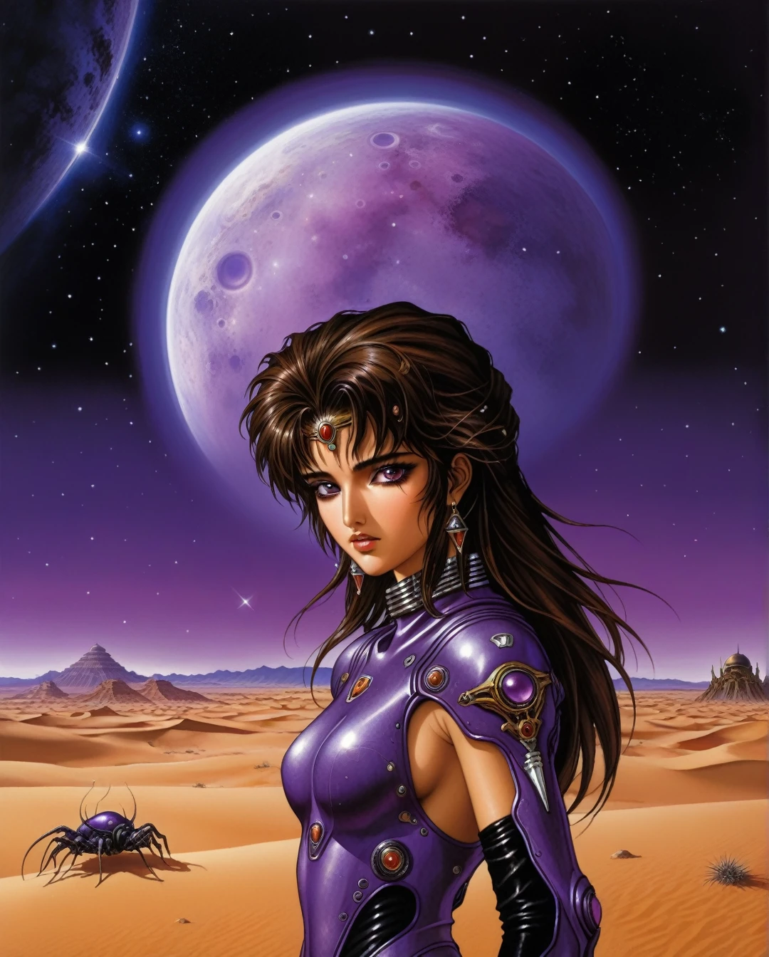 Art style by Akihiro Yamada, Art style by Suehiro Maruo, Art style by Ayami Kojima, (Masterpiece, Top Quality, Super Detail, High Resolution, Best Illustration), Create a stunning dystopian-style illustration inspired by Luis Royo, featuring a dark-haired Saudi Arabian Bedouin girl clad in a mirrored purple spacesuit. Her expression should convey strength and curiosity as she stands against a breathtaking backdrop.In the background, depict a fantastic caravan of alien animals and their drivers traversing a vast sandy desert in an otherworldly realm. The scene should be illuminated by a purple glow and adorned with bright stars, enhancing the mystical atmosphere.Focus on achieving exceptional detail throughout, capturing the textures of the spacesuit, the unique features of the alien creatures, and the sweeping dunes of the desert. The overall composition should evoke a sense of adventure and wonder, immersing the viewer in this captivating and intricately designed world.