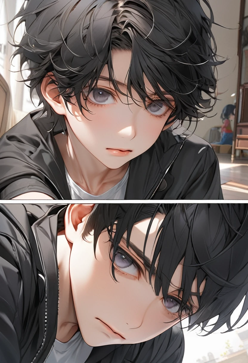A ???, boy, handsome, black hair, short hair, mullet, black eyes, upturned eyes, expressionless, black jacket, anime, first-person view, masterpiece, anatomically correct, high details, highres, best quality, super detail