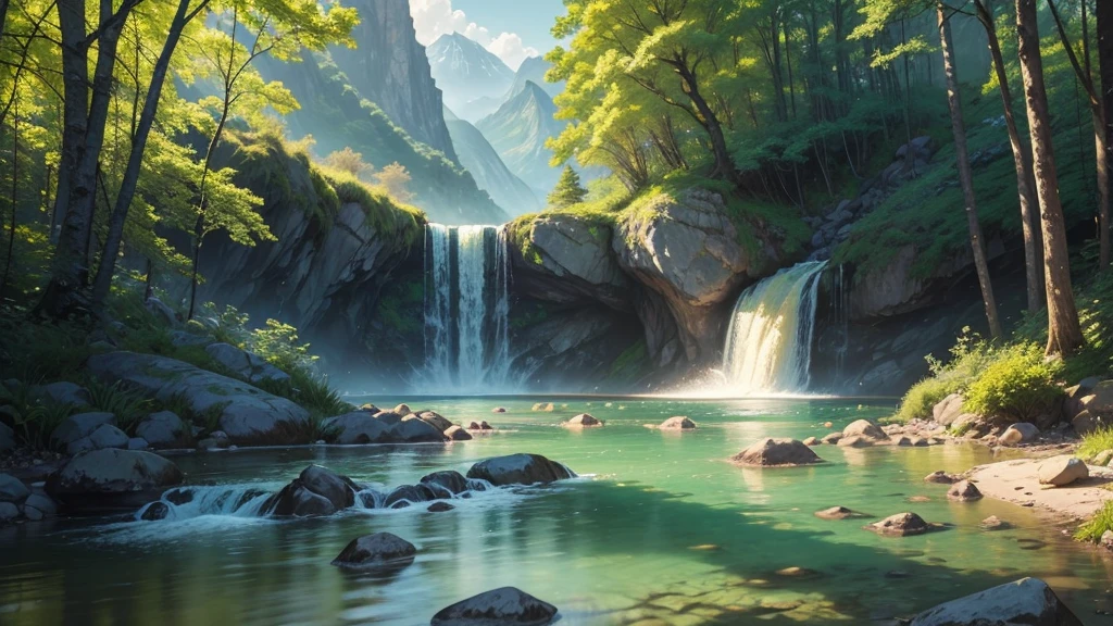 stunning natural landscape. The scene should include a lush forest with tall, leafy trees, a crystal clear river meandering through the middle, and majestic mountains in the background. Sunlight should gently penetrate the leaves, creating a magical effect of sun rays. Add details like colorful flowers, a small waterfall and wild animals, like birds and deer, To bring the scene to life. The sky should be clear with some soft clouds, reflecting in the river waters. The color palette should be vibrant and rich, highlighting the beauty and serenity of nature.
