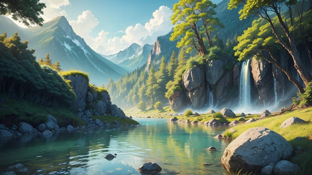 stunning natural landscape. The scene should include a lush forest with tall, leafy trees, a crystal clear river meandering through the middle, and majestic mountains in the background. Sunlight should gently penetrate the leaves, creating a magical effect of sun rays. Add details like colorful flowers, a small waterfall and wild animals, like birds and deer, To bring the scene to life. The sky should be clear with some soft clouds, reflecting in the river waters. The color palette should be vibrant and rich, highlighting the beauty and serenity of nature.