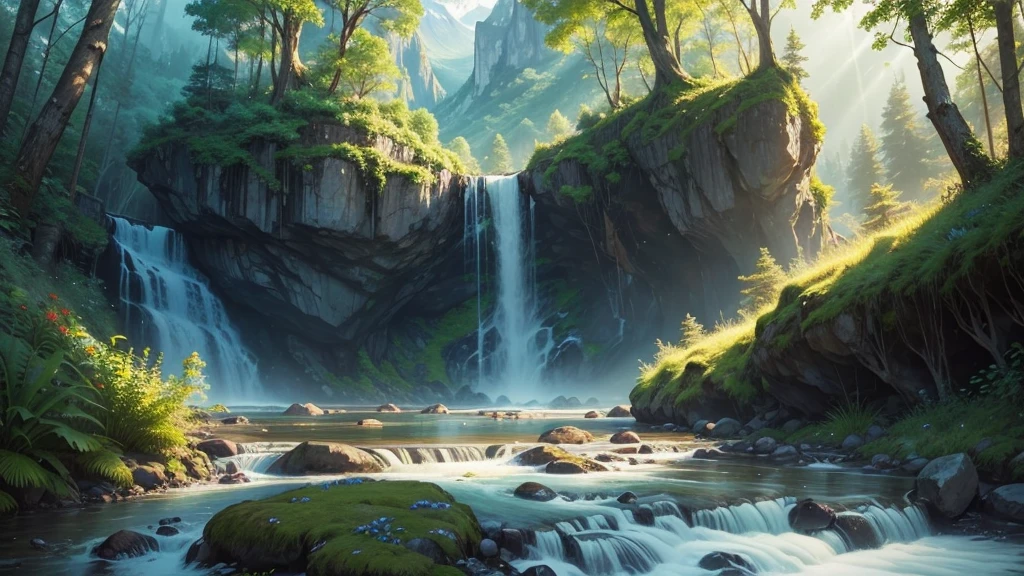 stunning natural landscape. The scene should include a lush forest with tall, leafy trees, a crystal clear river meandering through the middle, and majestic mountains in the background. Sunlight should gently penetrate the leaves, creating a magical effect of sun rays. Add details like colorful flowers, a small waterfall and wild animals, like birds and deer, To bring the scene to life. The sky should be clear with some soft clouds, reflecting in the river waters. The color palette should be vibrant and rich, highlighting the beauty and serenity of nature.
