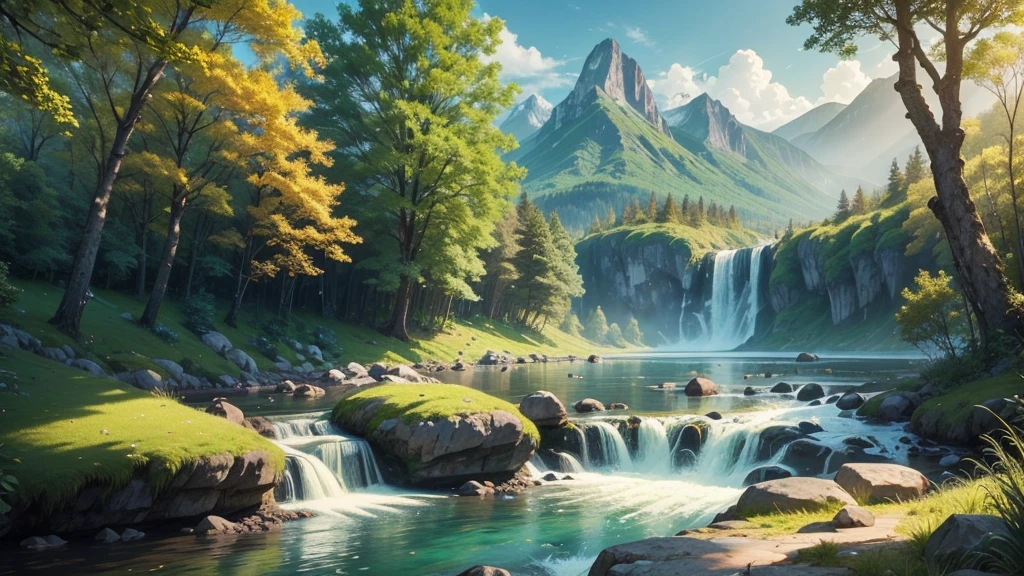 stunning natural landscape. The scene should include a lush forest with tall, leafy trees, a crystal clear river meandering through the middle, and majestic mountains in the background. Sunlight should gently penetrate the leaves, creating a magical effect of sun rays. Add details like colorful flowers, a small waterfall and wild animals, like birds and deer, To bring the scene to life. The sky should be clear with some soft clouds, reflecting in the river waters. The color palette should be vibrant and rich, highlighting the beauty and serenity of nature.