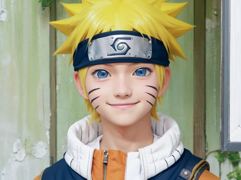 1boy, naruto in anime, short hair, yellow hair, blue eyes, smile, hansome, realistic clothes, detail clothes, outdoor background, ultra detail, realistic