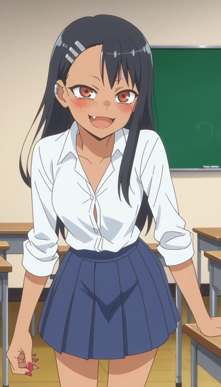 score_9, score_8_up, score_7_up, source_anime, anime screencap, anime coloring, 
hayasenagatoro,
hayase nagatoro, long hair, bangs, black hair, hair ornament, brown eyes, hairclip, fang, dark skin, dark-skinned female, tan,
skirt, shirt, ((white buttoned shirt)), pleated skirt, nail polish, blue skirt, red nails, earclip,
indoors, classroom, bent over, smile,
looking at viewer, solo, ((very drunk)), ((shows her breasts)), ((naughty)),