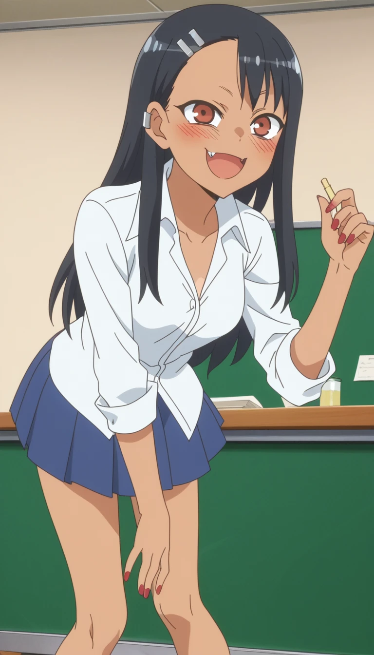 score_9, score_8_up, score_7_up, source_anime, anime screencap, anime coloring, 
hayasenagatoro,
hayase nagatoro, long hair, bangs, black hair, hair ornament, brown eyes, hairclip, fang, dark skin, dark-skinned female, tan,
skirt, shirt, ((white buttoned shirt)), pleated skirt, nail polish, blue skirt, red nails, earclip,
indoors, classroom, bent over, smile,
looking at viewer, solo, ((very drunk)), ((shows her breasts)), ((naughty)),