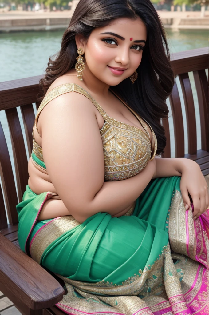 1 Heavenly beautiful and goddess beauty cute and sweet looking face Arabian woman in Scenic Riverside Promenade, Heavenly beautiful Overweight, Heavenly beautiful Extremely fat, Heavenly beautiful and attractive Chubby figure , Heavenly beautiful looking and eye catching luxury style Indian traditional saree and bra, reaching out, Heavenly beautiful Arabian woman, 16k, High resolution, masterpiece, highest quality, fine skin, outside view, Realistic Photograph, close up figure view, Heavenly beautiful smile face
