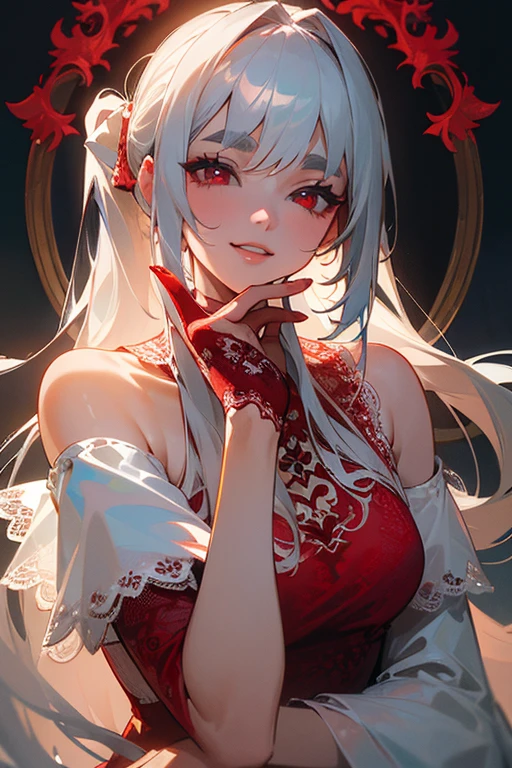 (Highest quality, masterpiece:1.2), (High resolution, 最高masterpiece).(difficult).Very detailed, Realistic:1.37, Fantasy, An illustration,Gray Hair、 Red eyes、Queen, White and blue dress、beautifully、Eyeshadow Red、Thick eyebrows、Long eyelashes、pupils are black、shiny on the lips、Top Sites、Queen、Princess、A kind smile、Show your teeth a little and smile、Soft impression、people々々々々々Loved by、(Slimming the face).Shoulder Bare、ponytail、Kissing Face、Long white hair、Shaggy Bangs、(Save face image).((Red lace dress))