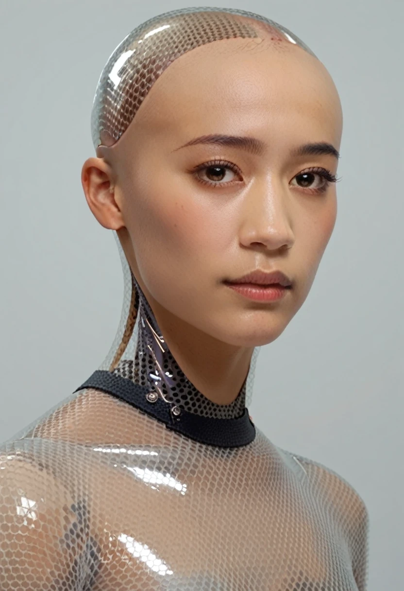 ava, asian portrait, android, transparent skin parts, looking at the viewer, waist, gray bodysuit, bald, score_9, score_8_up, score_7_up, score_6_up, score_5_up, score_4_up