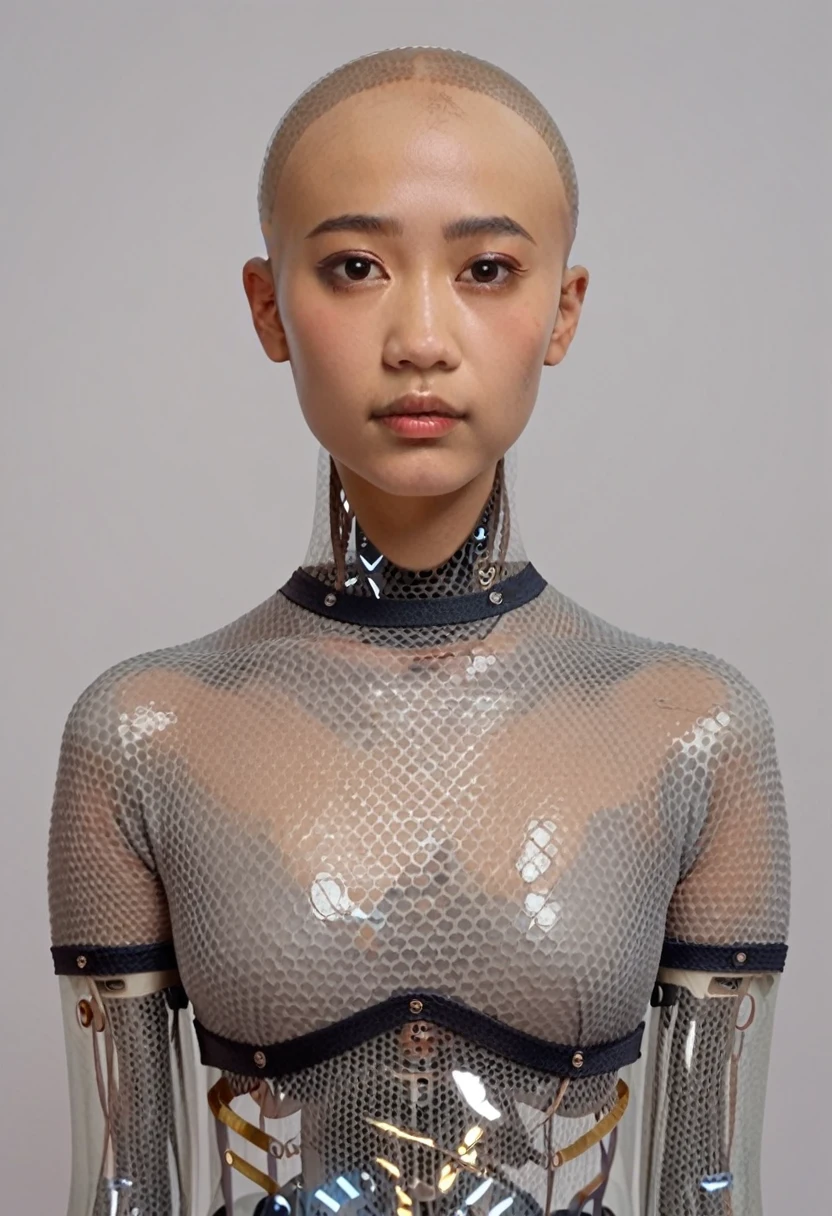 ava, asian portrait, android, transparent skin parts, looking at the viewer, waist, gray bodysuit, bald, score_9, score_8_up, score_7_up, score_6_up, score_5_up, score_4_up