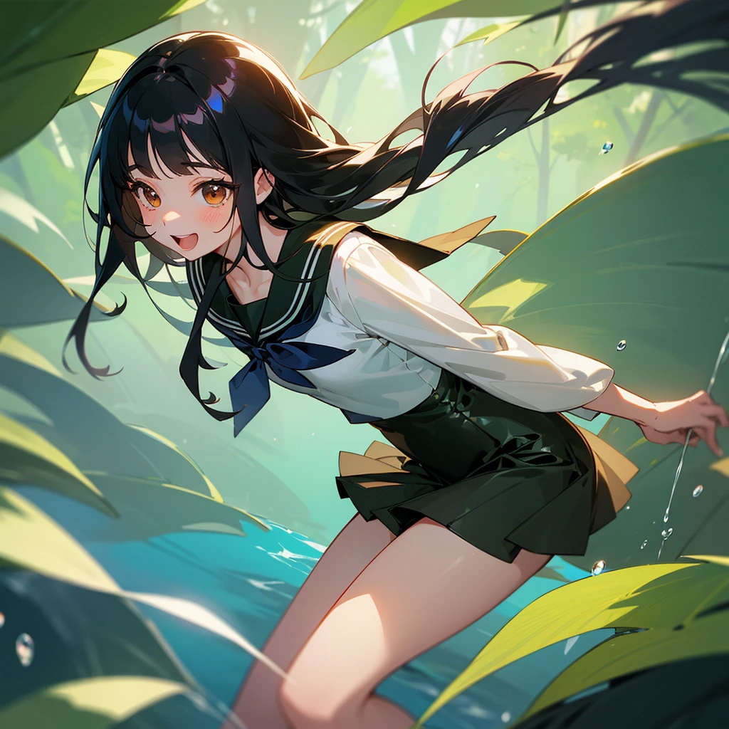 finely detailed beautiful girl, detailed 16k best quality, shiny hair, ultra-detailed beautiful shiny highlight clear eyes focus, beautiful shiny forest water background, Long Black Hair、Sailor suit、laughing、Brown eyes、