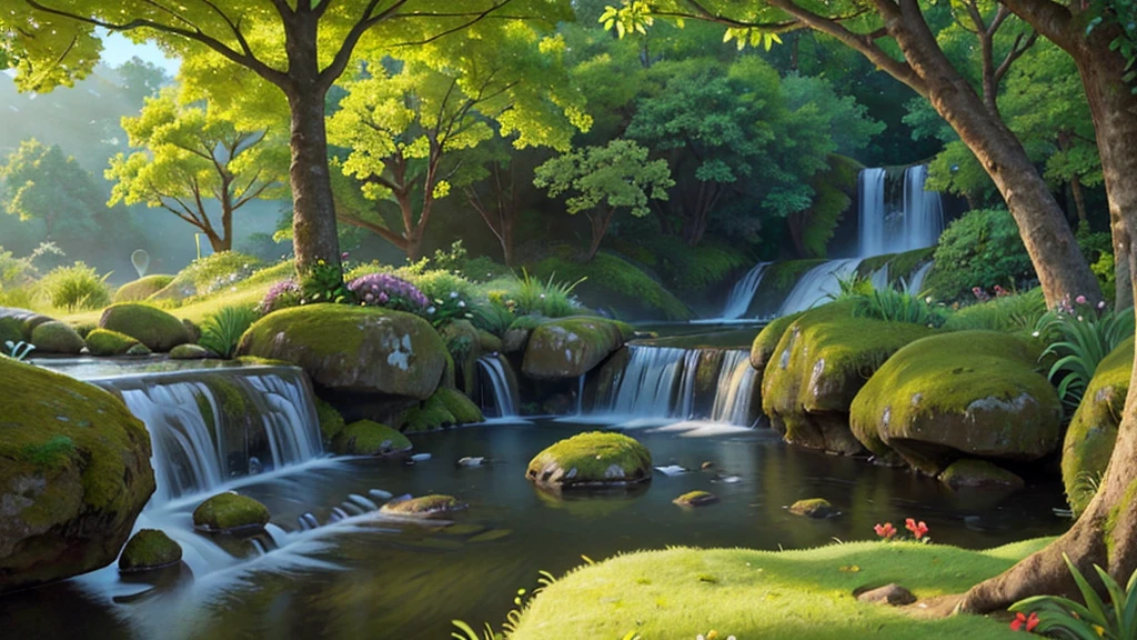 stunning natural landscape. The scene should include a lush forest with tall, leafy trees, a crystal clear river meandering through the middle, and majestic mountains in the background. Sunlight should gently penetrate the leaves, creating a magical effect of sun rays. Add details like colorful flowers, a small waterfall and wild animals, like birds and deer, To bring the scene to life. The sky should be clear with some soft clouds, reflecting in the river waters. The color palette should be vibrant and rich, highlighting the beauty and serenity of nature.
