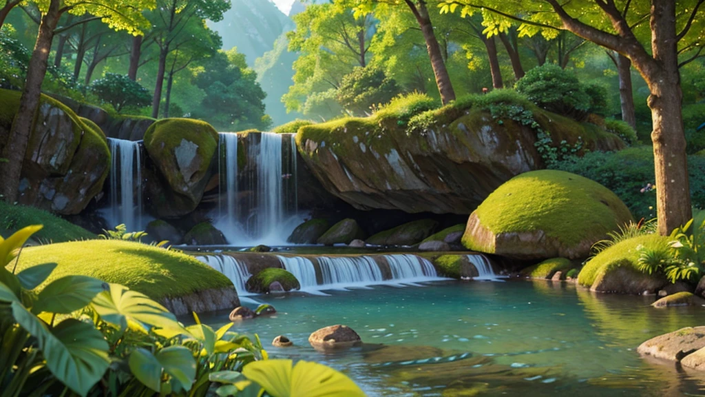 stunning natural landscape. The scene should include a lush forest with tall, leafy trees, a crystal clear river meandering through the middle, and majestic mountains in the background. Sunlight should gently penetrate the leaves, creating a magical effect of sun rays. Add details like colorful flowers, a small waterfall and wild animals, like birds and deer, To bring the scene to life. The sky should be clear with some soft clouds, reflecting in the river waters. The color palette should be vibrant and rich, highlighting the beauty and serenity of nature.