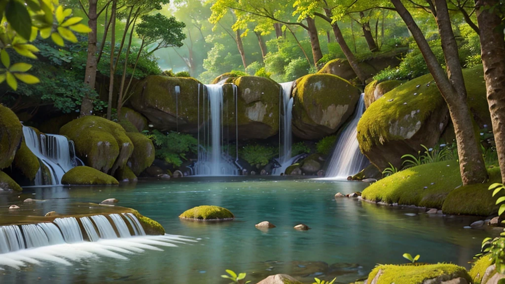 stunning natural landscape. The scene should include a lush forest with tall, leafy trees, a crystal clear river meandering through the middle, and majestic mountains in the background. Sunlight should gently penetrate the leaves, creating a magical effect of sun rays. Add details like colorful flowers, a small waterfall and wild animals, like birds and deer, To bring the scene to life. The sky should be clear with some soft clouds, reflecting in the river waters. The color palette should be vibrant and rich, highlighting the beauty and serenity of nature.
