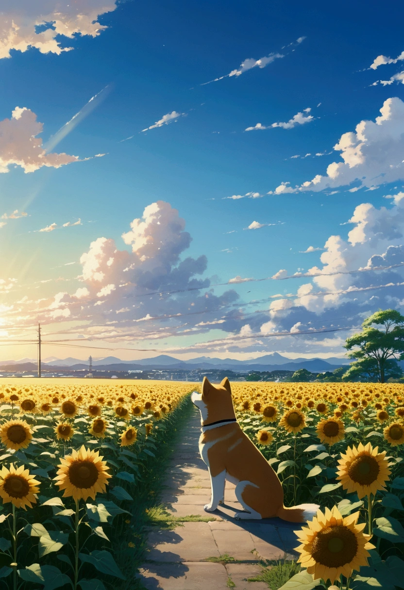 Makoto Shinkai Taste, Beautiful sky, Summer in Japan,Shiba Inu Puppy, ,Romantic Landscape, Healing scenes,hope, Summer Morning,A few sunflowers, Makoto Shinkai Taste,Detailed Description,