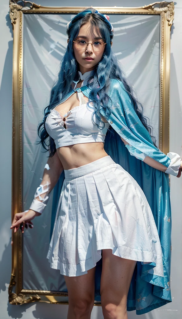(Sky blue hair），Blue Eyes，Long curly hair，Big wavy hair，Round glasses，Girl，Wear a white cape，No hat，Black skirt，Holding a skirt in hand，Standing，Standing picture，whole body，游戏Standing picture，White background，8K，Correct human body，Detailed eye painting，illustration，Highest quality，Exquisite，Detailed face，Masterpiece，flat chest，Slim，young，，High-end，Hand Painted，Official Fanart, Visual novel, Anime style，Girl浪漫, Produced by Anime Painter Studio，masterpiece, best quality, Sharp focus, Intricate details, Perfect, Golden Ratio Composition, 8K resolution, High resolution, fair, fair sky, Vibrant pastel colors