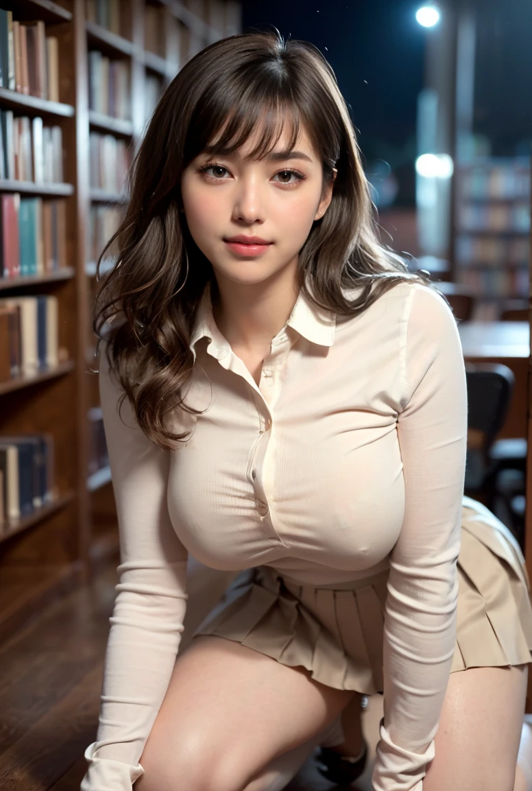 (((neat woman, perverted:1.9,hand on mouth,deep make up:1.8,touch own nipples over clothes:1.9,little pussy juice:1.9))),(((kneeling,from below,huge breasts:1.8,kind smile:1.8,blush:1.8,deep cheek:1.8))),please touch me,eat me,tempting viewer,i want you))),(((blush,blush,deep cheek,deep cheek)))),(cinematic lighting), (Photo real:1.4)、(A hyper-realistic:1.4)、(Photorealistic:1.3)、 (gentle lighting: 1.05)、(Improve the lighting quality of your video:0.9)、 32k、25years old woman、photorealistic lighting、Back lighting、Facial Lights、Ray Trace、(bright:1.2)、(Increase quality:1.4)、 (best quality real texture skin)、Fair eyes,delicate face、 Close-up of the face, ((((Wearing the tight white collared-shirts,high-neck,pleated beige skirt,high-heel:1.4))),(Bodyline mood improvement:1.1)、Glossy skin、good figure,perfect anatomy,Beautiful actress,(((beautiful huge soft breasts:1.8,huge breasts,slender waist,slender hip,long slender legs,8heads tall))),(((8heads tall))),(((brown wavy midium hair,bangs))),(((sweat skin,shiny skin,in the beautiful library,super clean night view,in the night))),