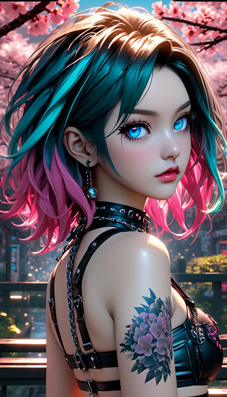 (Perfect Masterpiece, Highly Detailed CG UNITY 32K UHD Quality Resolution Wallpaper, Photorealistic, RAW Photo, Perfect Photogenic Clarity, Official Art, Award Winning Portrait, Super Super Realistic, Super Super Detailed , realistic shiny skin, ray tracing, glowing ambient light), anime, anime girl, Hatsune Miku (gothic hairstyle, colorful hair: 1.3), vivid moonlight eyes, long detailed eyelashes, spiky pink lips, beautiful eyes, (detailed gothic makeup: 1.2), (highly detailed Harajuku style gothic punk bikini with lots of straps, zippers, buckles and chains: 1.3), lots of tattoos and piercings, (sexy style) Sitting with her back arched in a sexy and seductive slutty pose, close-up POV camera view from above, bright cherry blossom trees