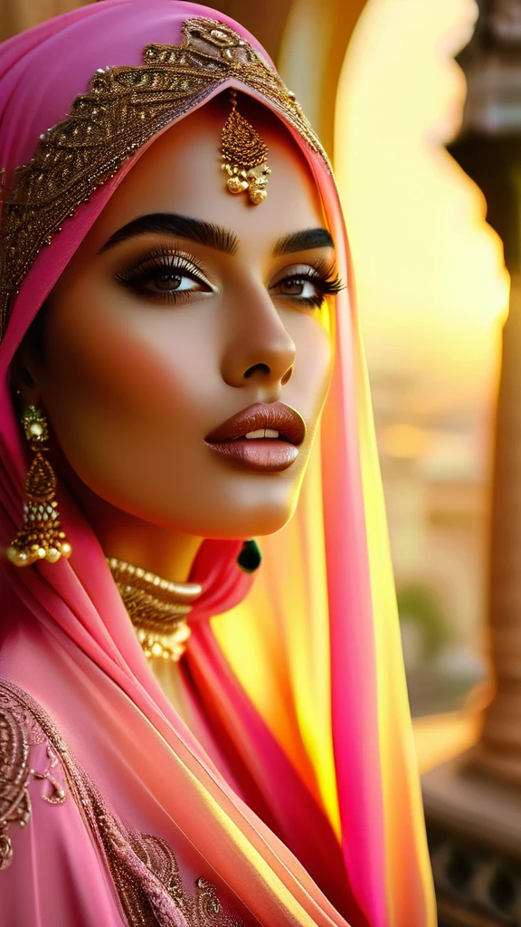 A hijab-wearing woman in a long, flowing pink silk dress, beautiful detailed eyes, beautiful detailed lips, extremely detailed eyes and face, long eyelashes, serene expression, graceful pose, ornate architectural background, golden sunlight, vivid colors, cinematic lighting, award-winning digital art, intricate details, photorealistic, highly detailed
