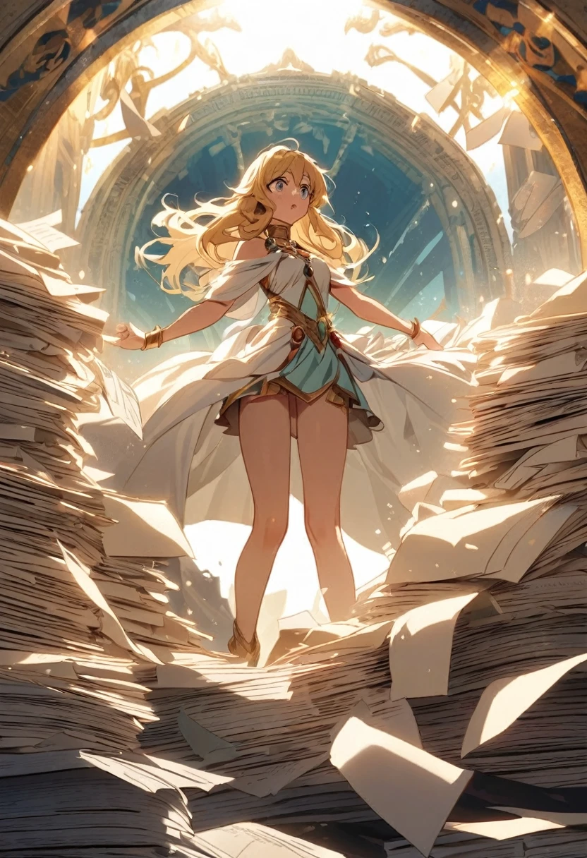 Goddess, confused,, the desk has a large pile of documents, the gate to another world,