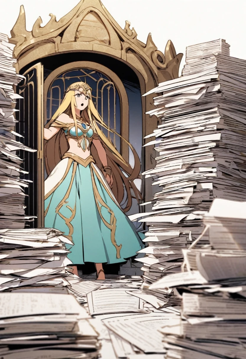 Goddess, confused,, the desk has a large pile of documents, the gate to another world,